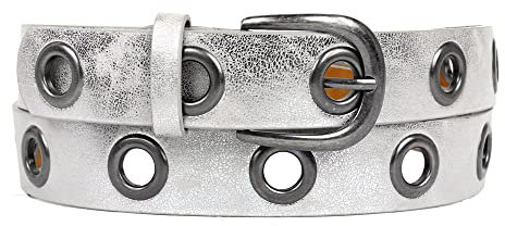 Zakatte • Unisex Loch-Ösen Gürtel aus Kunstleder bis 130 cm Ösengürtel Punkgürtel Nietengürtel F25 (Silber, 110 cm)