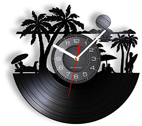 NIUBB 30 cm Schallpatten-Uhr Summer Beach Home Decor Wanduhr Strandlandschaft Schallplattenuhr Sunny Beach Moderne dekorative Uhr Sonnenbaden Liebhaber Geschenk