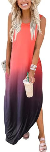 Cuptacc Damen Kleider Sommer Sommerkleid Ärmellos Langes Täglich Strandkleid mit Taschen Sexy Orange Schwarz Gradient,Groß L42-44