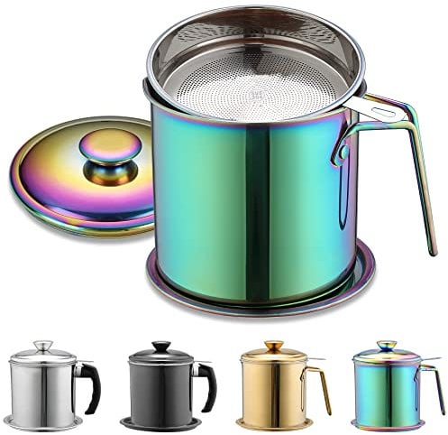 Berglander Regenbogen Speckfettbehälter mit Filter 1.4L, titanfarbener Edelstahl-Ölvorratsbehälter mit feinmaschigem Filter staubdicht zur Aufbewahrung von Frittieröl und Speisefett