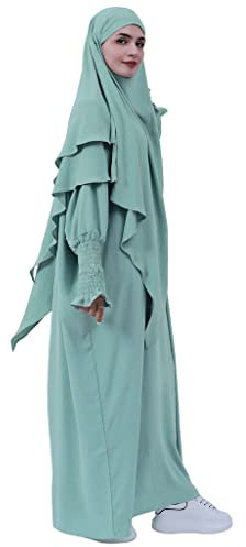 Gebetskleidung für Frauen 2 Stück Abaya Muslim Damen mit Khimar Hijab Abaya Kleid Lose Langen Ärmeln Maxi Muslimische Kleider Damen mit Jilbab Burka Ganzkörper Kleidung Grün