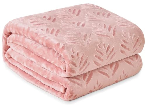 Exclusivo Mezcla Fleece Throw Blanket for Couch, Super Soft and Warm Blankets for All Seasons, Plush Fuzzy Leaves Pattern Throw, Pink Throw, 127x150 CM