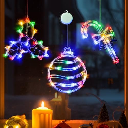 LOLStar Weihnachtsdeko, 3er-Pack Mehrfarbig Weihnachtskugeln, Stechpalmenbeere, Zuckerstange Fensterlichter mit Saugnapf, with Suction Cup, Battery Timer und Langsam Fade Modus, batteriebetriebene