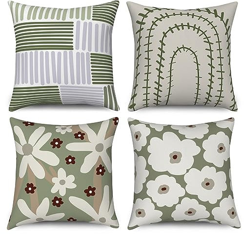 ASDCXZ Kissenbezug 40x40 cm 4er Set, Modern Frisch Blume Linie Grün Weiß Beige Sofa Dekokissen Kissenbezüge Kissenhülle Waschbar Polyester Flachs Textil Outdoor Kopfkissenbezug Kissen Bezug