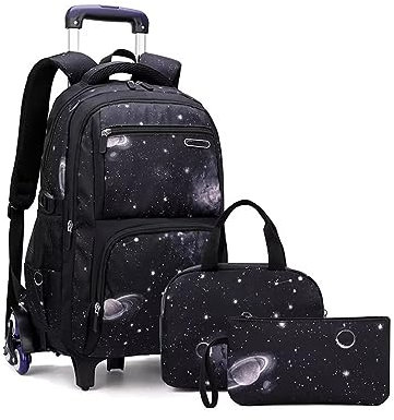 FEEIMOL Schulrucksack Jungen Teenager Trolley Schulranzen Jungen Schultasche Koffer Rucksack mit Rollen, 3-teiliges Schultaschen-Sets mit Lunch Tasche und Federmäppchen (Schwarzer Sternenhimmel)