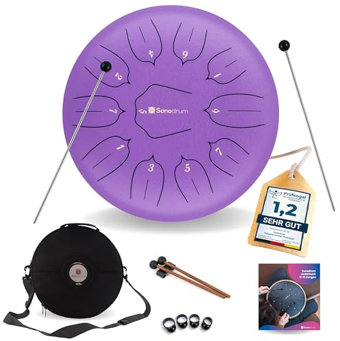 Sonodrum Zungentrommel Standard D - Dur in Flieder - 30 cm groß mit 11 Tönen - Steel Tongue Drum inkl. Liederbuch, Schlägel, Fingersticks und Tragetasche - Notenlesen nicht nötig, einfach zu spielen