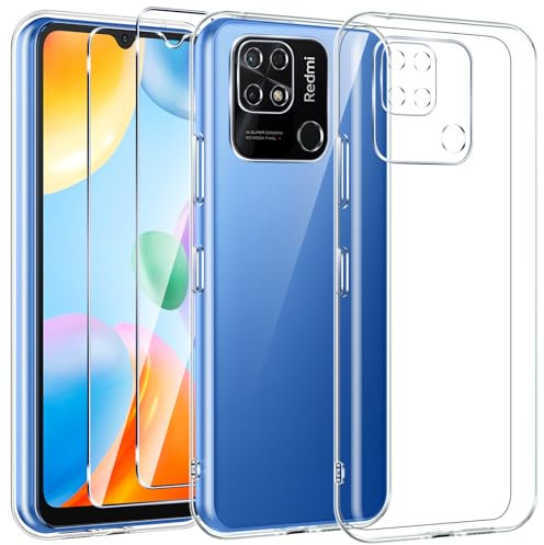 Kokio Funda para Xiaomi Redmi 10C con 2 Piezas Cristal Templado, Carcasa Protectora Funda para Redmi 10C, Transparente Silicona Soft TPU Caso, Pantalla y Cámara Doble Protección