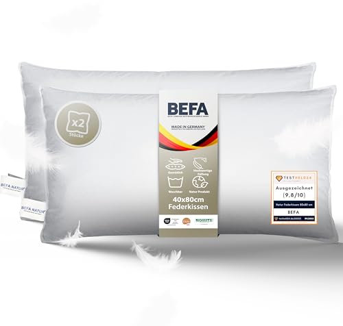 BEFA NATUR Federkissen 40x80 cm extra fest (2 Stück) | Kopfkissen Set 100% Federn | 1500g Füllgewicht/Stück | Allergiker (NOMITE) | Tierwohl (DOWNPASS) | Oeko-TEX Klasse 1 | Made in Germany