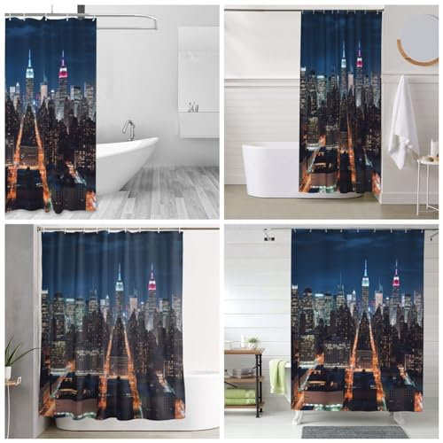 KHiry Rideau de douche avec 12 crochets – Rideau de douche imperméable pour salle de bain New York City Night – Rideau de douche doux et lourd pour décoration de salle de bain, baignoire, 152 x 183 cm