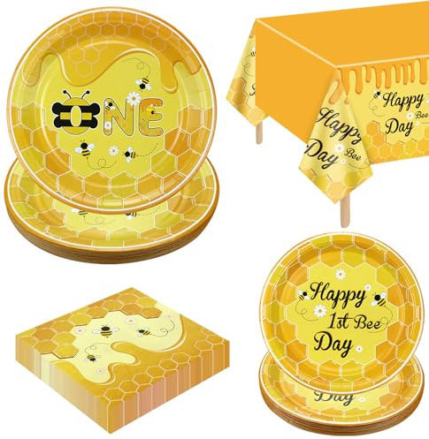 61 Pieces Party Decorations, First Bee Day With Paper Plates, Napkins, Tablecloth for Kids 1st Fun to Bee One, Serves 20