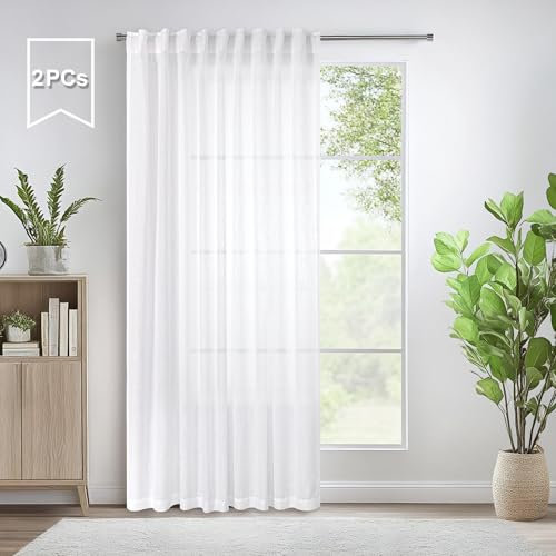 Pitalk 80 Inch Curtains for Living Room 2 Panel Set Back Tab Pocket Pleated Look Extra Wide Long Drape White Linen Curtain for Sliding Door Patio Door Girls Closet Bedroom Modern Farmhouse Decor 60x80