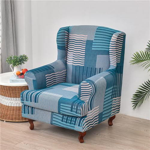 Hixingo 2-Teilig Ohrensessel Überzug, Mode Kariert Sesselbezüge, Abnehmbar Polyester Ohrensessel Bezug, für Wohnzimmer Schlafzimmer Hotel Sesselschoner (Blau kariert)