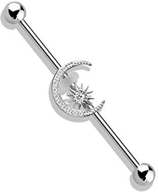 beyoutifulthings Industrial-Piercing Silber Halb-Mond Stern Zirkonia Clear Industrial-Barbell Industrial-Bar Chirurgenstahl Stab-länge 38-mm