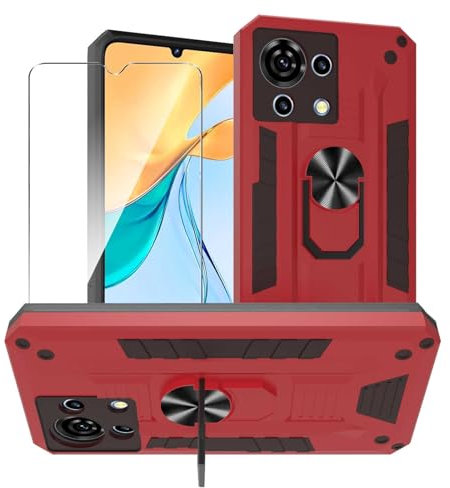 MIBZOR Hülle Kompatibel mit ZTE Blade V50 Vita (6.75), 1 Rot Handyhülle und 1 Stück Schutzglas Panzerglas, Schutzhülle Mit 360 Grad Ring Ständer Stoßfeste PC + TPU Tasche Case