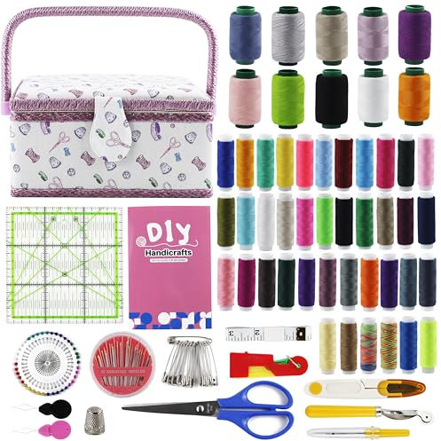 SusggO 140 piezas Costurero Completo Accesorios y Guia Basica Puntadas Costura. Costurero Madera forrado Tela Costura Accesorios Kit Costura para Adultos Caja Costura Reglas de Costura Patchwork