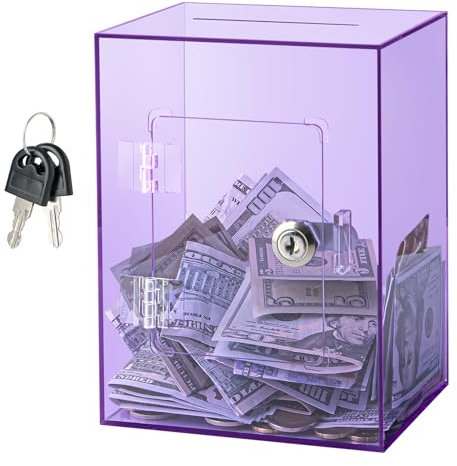 Hicocool Clear Piggy Bank with Lock, Acrylic Piggy Bank for Adults Kids Openable, Reusable Money Saving Box with Key for Birthday (Purple)