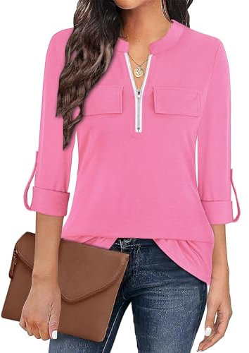 Gemulate Ladies Tops 3/4 Sleeve Tops for Women UK Zip Up Plaid Tunic Blouse Long Sleeve Polo Top Floral Printed Shirts Tunic Top for Leggings - Solid Pink, M