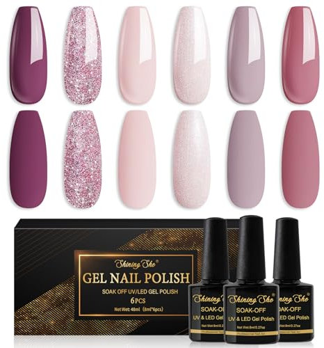 Shining She Smalto Semipermanente Unghie,6 Colori Marrone Rosso Viola Glitter Viola Scuro Rosa Smalti Semipermanenti per Unghie,Soak-Off UV/LED Smalto Unghie Regali Nail Art per Donne,8ML