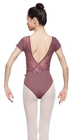 HEARTTOUCH Gymnastikbody Damen Turnanzug Turntrikot Kurzarm Ballett Tanzbody Spitze Trikots Bodysuit Rückenfrei Gymnastikanzug Tanzbekleidung (Dunkelrosa,M)