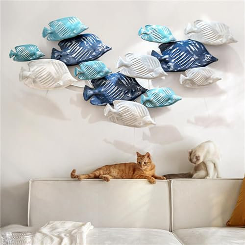 WSNCXFW 34,8 x 16,9 Zoll große Wanddekoration mit Fischschwarm aus Metall, 3D-Stereo-Metallskulptur als Wandkunst, große Wanddekoration im mediterranen Stil mit Fischen