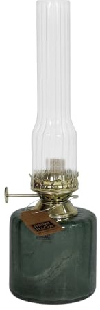 Petroleumlampe ELVIRA, grüner Glasbehälter, rund, gerippter transparenter Glaszylinder, Höhe 25 cm, Durchmesser 8 cm, Leuchtdauer ca. 22 Stunden