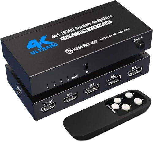 HDMI Switch 4 in 1 Out 4K@60Hz 4x1 Splitter Switcher with IR Remote 4 Port HDMI Selector Box Support HDMI2.0 Dolby Vision/Atmos HDR10 for Switch Xbox PS5/4 Roku Fire Stick