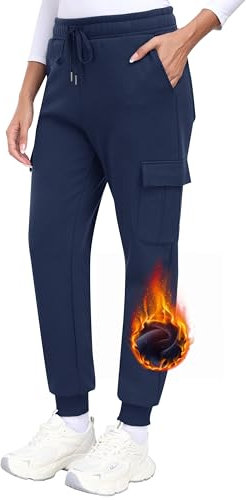 MoFiz Pantalon Jogging Polaire Femme Hiver Pantalon Cargo Coton Chaud Doublé en Sherpa Bas de Survêtement Pantalon de Sport Décontracté Travail Randonnée avec Poches Bleu Marine Taille L