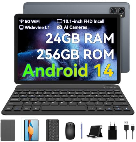 BESTTAB 2025 Tablet 10 Inch Android 14 AI Tablets,24GB +256GB/2TB,FHD Gaming、Office Tablets Kit,5G WiFi,Octa-Core Processor,Widevine L1,GPS,10W Fast Charge,5MP+8MP,2-Year Warranty-Grey