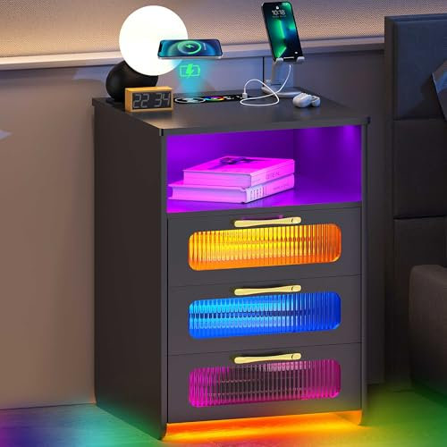 yoofun RGB Led Bedside Table with Wireless Charging Station, 24 Static Dimmable Light End Side Table with USB Type-C Ports,Side Cabinet Nightstand with 3 Drawers for Bedroom/Living Room (Black)