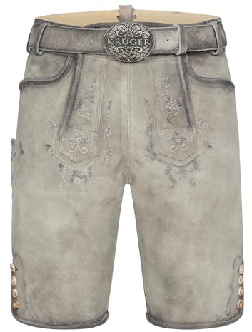 Krüger Herren Trachten Lederhose kurz, Modell: Lederhose Lenny mit Gürtel, Knielang, Tracht, Volksfest