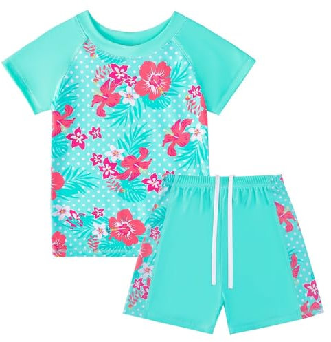 BOVOSHA Girls Swimwear Set Kids Mermaid Bathing Suit Girl Swimsuit Rash Guard Floral Swim Shirt ＋ Swim Shorts Set (Blue, 10-12T)