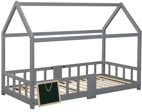 BXEYXE Kinderbett Haett 90 x 200 cmHolzbett für Kinderzimmer inkl.Tafel Lattenrosten Rausfallschutz, aus Kiefernholz Grau (ohne Matratze)