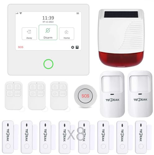 TECPEAK Sistema di allarme domestico senza fili, allarme domestico WiFi/GSM/2G/4G, include allarme centrale, tastiera, sensore di contatto, rilevatore di movimento, estensione di portata