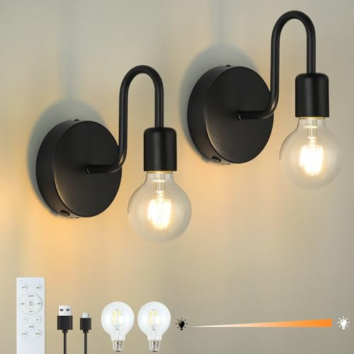 EIDEARAY Battery Operated Wall Lights,Black Rechargeable Wall Lights, 2 Pack Wall Light Indoor Vintage Metal Wall Sconce for Living Room, Bedrooms, Garage, Loft, Porch, Hallway (Bulbs Included)