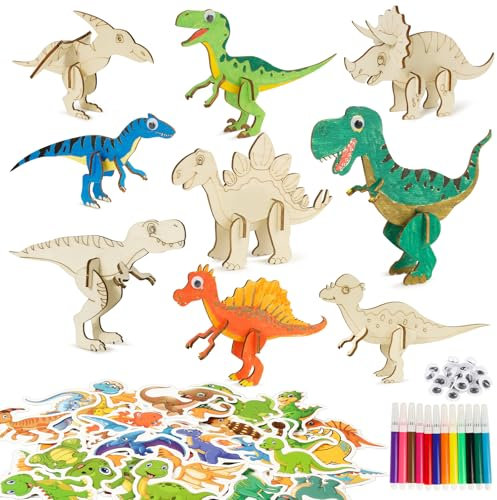 BOFUNX 9 Stücke Dinosaurier Holz Bastelset für Kinder + 50pcs Dinosaurier Tattoo Kinder Dinosaurier Bastelset DIY Dino Holzbastelsets für Jungen Mädchen Geburtstag Geschenk