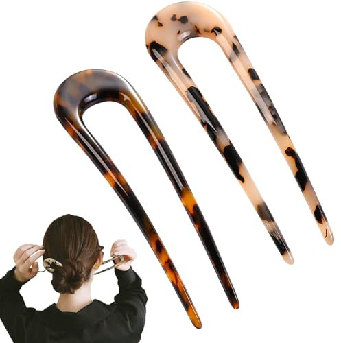 SXCCNW U-Förmige Haarnadeln, 2 Stück, Französischer Stil, Schildkrötenschale, Dickes Haar, Braun