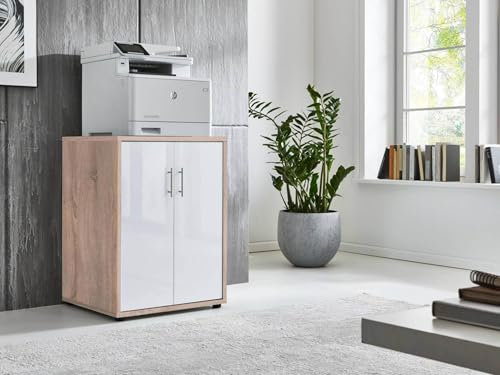 Druckerkommode TABOR Druckerschrank Druckertisch Aktenschrank 2-türig (BxHxT) 54x74x52 cm (Eiche Sonoma/weiß Hochglanz)