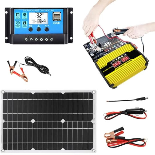 Set mit erneuerbaren Energien – Volt-Solarmodul – volle Energielösung, 20 W 12 V Solarmodul 350 W Wechselrichter Energiewandler, DC 12 V auf AC 110/220 V 35 A Regler, Energie-Setup mit USB-Steckdosen