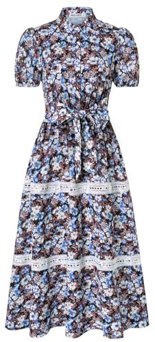 GRACE KARIN Summer Dresses for Women Elegant Short Sleeves Floral Dress V Neck A Line Flowy Beach Sundress Blue Floral-Black