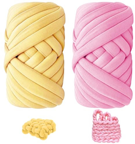 KBIBCK 2 Stk Armstricken Wolle 500g/25m, Chunky XXL Wolle zum Handstricken, Yarn WolleDicke Schlauchgarn DIY Garn Strickwolle Handstrickgarn, Für Anfänger, Decken, Tasche, Handstrickgarn (Rosa+Gelb)