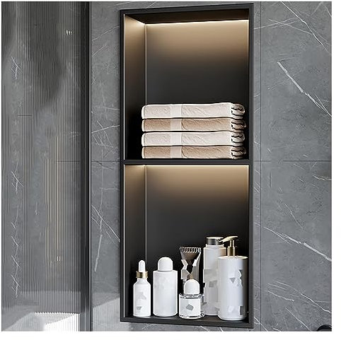 ASumPio Duschnische, Eingebettetes Wasserdichtes Lagerregal Aus Edelstahl Mit Beleuchtung, Einteilige Nische Für Bad, Shampoo, Toilettenartikel Und Speisekam,Black-28x70x12.5cm