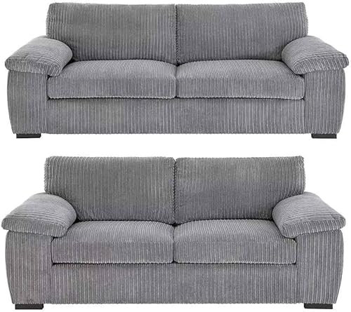 Furniture 786 Delta 3+2 Sofa Settee - Grey Jumbo Cord 2 Seater Couch Set - Luxury 3 Seater High Back Sofas -Comfortable Dual Arm Settees - 5 Seated Sofa for Living Room Lounge