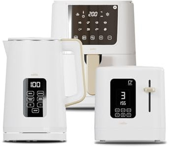 Cello White Kitchen Bundle: 1.7L 3000W Kettle with Temperature Control & LED Display | 800W 2 Slice Toaster with Digital Timer & High Lift | 4L 1400W Air Fryer with 8 Presets & Touch Control