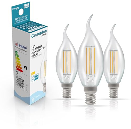 Crompton Lamps Bent-Tip Candle LED Light Bulb SES-E14 | 4.2W = 40W Equivalent | Warm White 2700K | Flame Tip | Small Screw Lightbulb | Long Life 10,000-Hrs | Clear Glass | Dimmable | 3-Pack