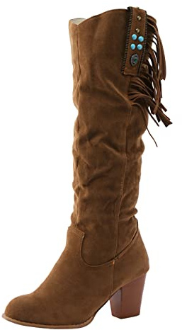 LCpddajlspig Stivali Texani Donna in Pelle Scamosciata​​ Camperos Vintage Stivaletti Cowboy ​​Punta Rotonda​​ Stivaletto ​​con Franges Boots Tinta Unita ​​con A Blocco Marrone 37