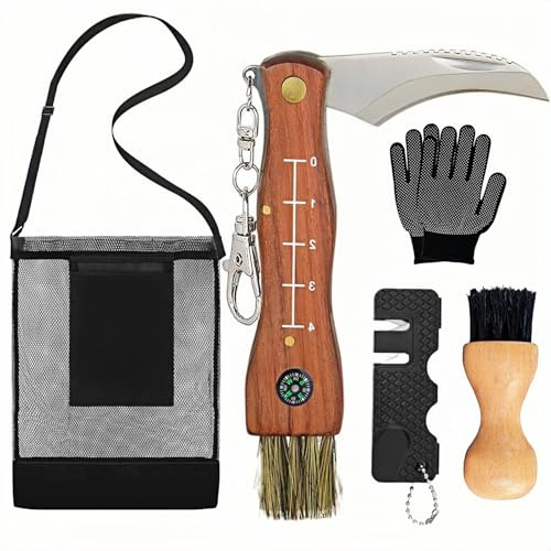 Bacxzomx Coltello per Funghi con Spazzola, Set Coltello Funghi Professionale in Acciaio Inox con Bussola, Sacca in Rete per Raccolta Funghi, Kit Raccolta Funghi Pieghevole
