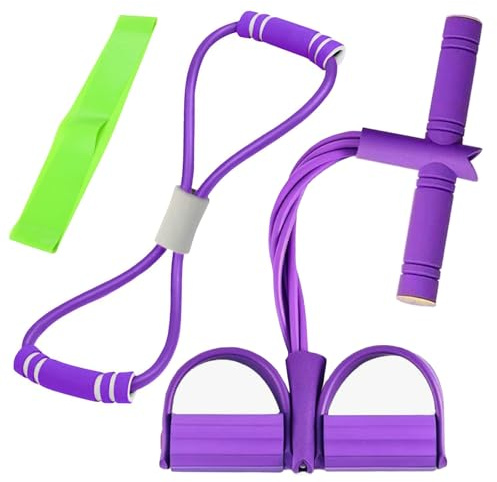 PacuM 3 Pièces Corde de Tension Multifonction Kit Bandes de Résistance Fitness avec Pédale & Sangles Cheville Elastique Sport TPE Elastique Musculation pour Yoga Musculation (Violet)