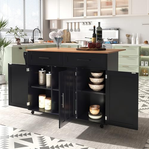 FammyLoft Kücheninsel auf Rollen, Multifunktionaler Kücheninsel mit Klapptischplatte, Stauschränken und 2 Schubladen, Küchenrollwagen mit 5 Rädern für Küche, Esszimmer, Schwarz