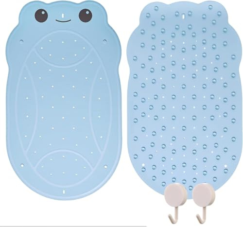 Yeria a Tapis de Bain antidérapant pour bébé en Forme de Grenouille Amusante, sans BPA, 76 x 45 cm, avec 2 Crochets de Suspension, Tapis de Bain antidérapant pour Baignoire et Douche de bébé (Bleu)