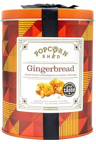 Popcorn Shed Gingerbread Gourmet Popcorn Mini Gift Tin | Gourmet Popcorn Gift Set, Ginger, Caramel & Festive Spices, Low Calorie Vegan Snack, Perfect for Gifting